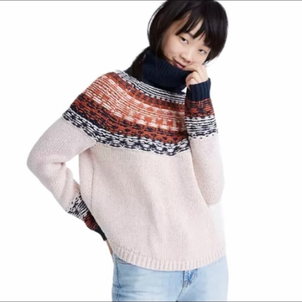 Madewell Pink Cream Fair Isle Turtleneck Sweater